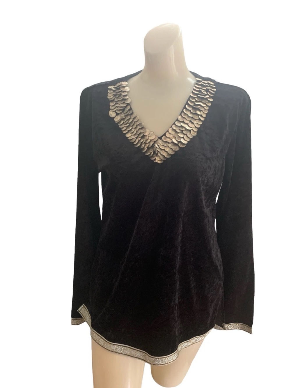 DIMRI Women’s Black Velvet V-Neck Tunic Top with Gold Metallic Coin & Trim SZ M